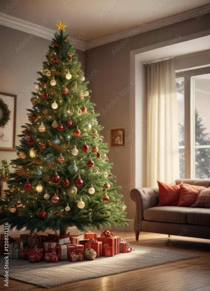 Fototapeta premium Christmas tree in a living room with festive ornaments, seasonal accents, living room decor, festive decorations