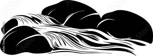 Black and White Vector Illustration of Flowing Water Between Rocks for Natural Themed Designs