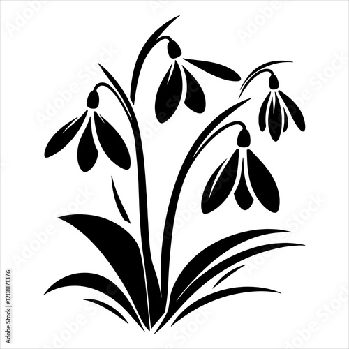Spring snowdrop flowers vector silhouette art isolated on white background