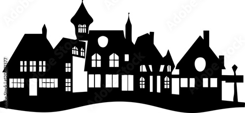 Vector Illustration of a Silhouette Townscape: Detailed Gothic Houses in Black, Perfect for Design and Decoration Projects