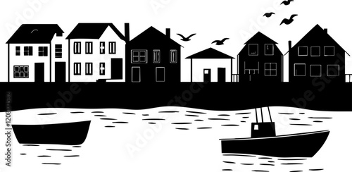 Vector illustration of black silhouette houses by the water with boats and birds, ideal for coastal themes.