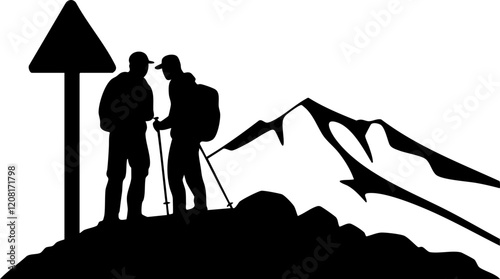 Vector Illustration of Two Hikers on a Mountain Peak with a Directional Sign, Ideal for Adventure and Travel Themes