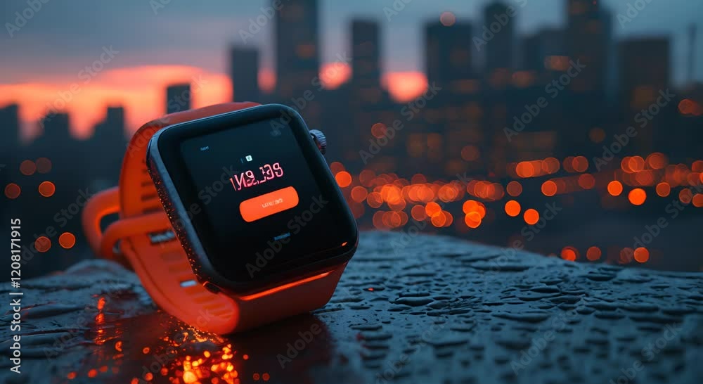 Apple Watch displaying data metrics at sunset against a city bokeh backdrop.