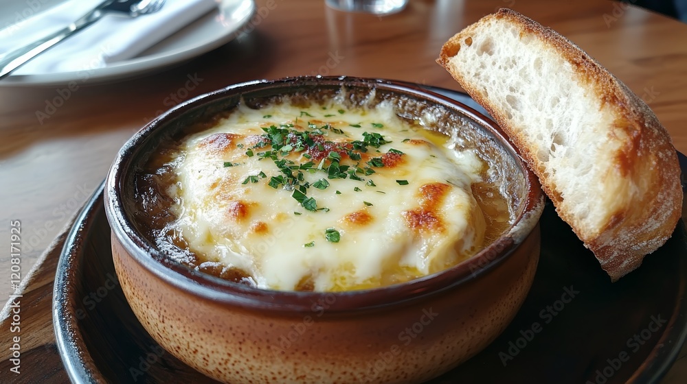 A bowl of melted cheese atop French onion soup with a slice of bread on the side. A bowl of melted cheese atop French onion soup with a slice of bread on the side.