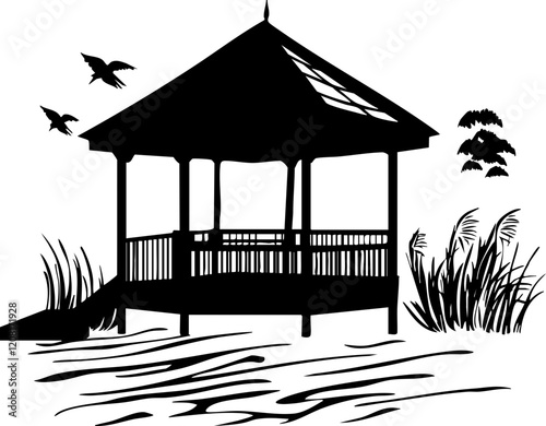 Stylized Vector Illustration of a Gazebo with Surrounding Wildlife and Water Elements, Ideal for Nature Themes