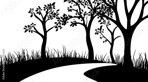Vector illustration of eerie silhouettes of trees and grass along a winding path, suitable for nature-themed designs