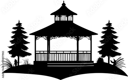 Vector illustration of a charming gazebo silhouette surrounded by tall trees, ideal for garden designs and nature-themed projects.
