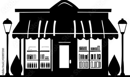 Vector illustration of a charming black bookstore with large windows and stylish awning; ideal for advertising or design projects.