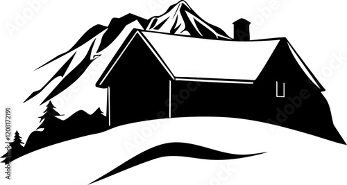 Minimalist vector illustration of a mountain cabin surrounded by snow-capped mountains, ideal for winter-themed designs.