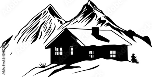 Vector illustration of a cozy cabin amidst snowy mountains, featuring a minimalist black and white design, perfect for winter themes.