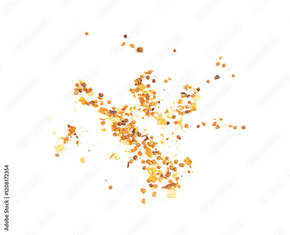 Dried vegetables mix with carrots, onion, parsnip and soy meat isolated. Dry food pieces for instant noodles Dried vegetables mix with carrots, onion, parsnip and soy meat isolated. Dry food pieces for instant noodles