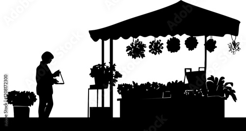 Silhouette Illustration of a Plant Stall: A vendor tending to flowers under a canopy, perfect for gardening themes and marketing.