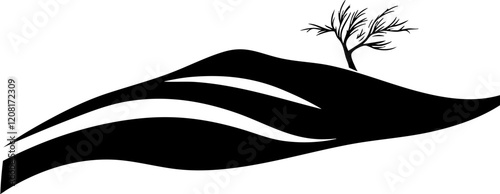 Stylized vector illustration of a lone tree on a curved hill, featuring sleek black lines; ideal for nature-themed designs.