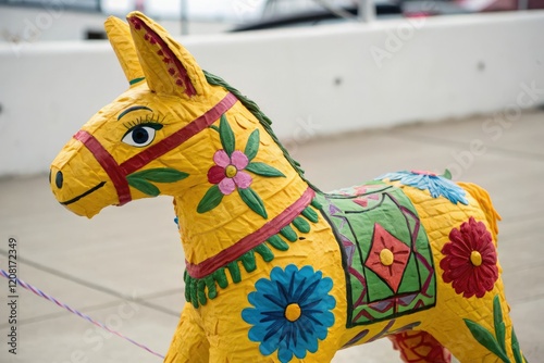 Close-up of a brightly colored donkey pi?ata with detailed, hand-painted designs and patterns featuring flowers, leaves, and other natural elements, celebration, colorful, mexican craft photo