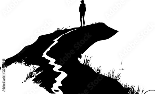Vector Illustration of a Silhouette Standing on a Hill with a Winding River, Ideal for Nature Themes