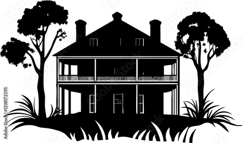 Vector Illustration of a Classic Southern House Surrounded by Trees, Ideal for Home Decor or Real Estate Promotions
