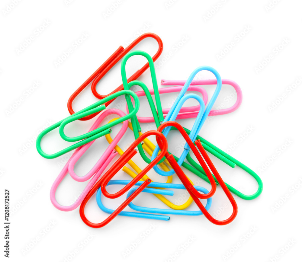 Many colorful paper clips isolated on white, top view Many colorful paper clips isolated on white, top view