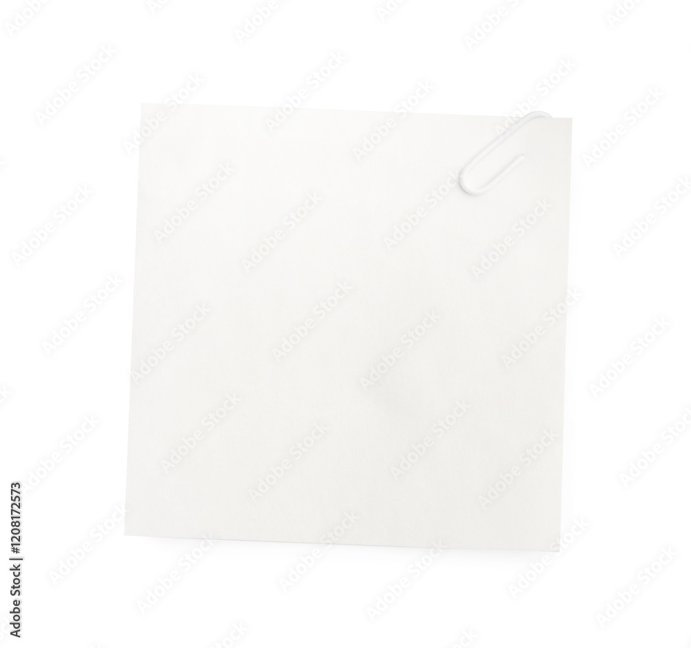 Blank paper note attached with clip isolated on white, top view Blank paper note attached with clip isolated on white, top view