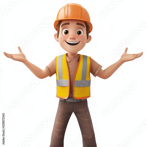 A cartoon construction worker wearing a yellow vest and a hard hat