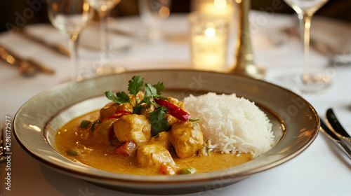Elegant chicken curry and rice served in a luxurious restaurant ambiance, styled with premium tableware.