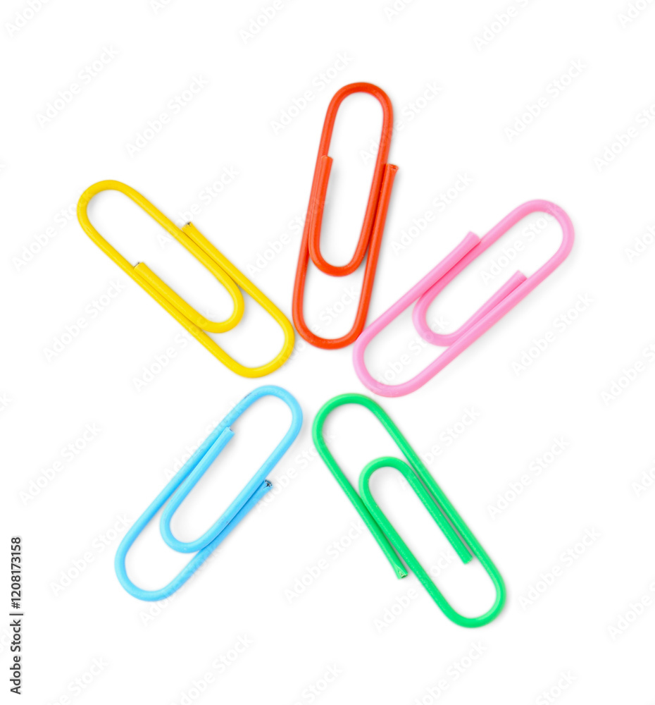 Colorful paper clips isolated on white, top view Colorful paper clips isolated on white, top view