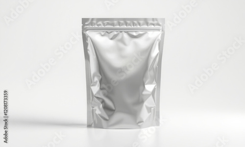shiny foil pouch mockup with sleek design, perfect for packaging snacks or other products. Ideal for showcasing branding and product details