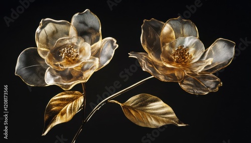 A golden, semi-transparent glass flower with leaves and petals made of gold leaf material.
