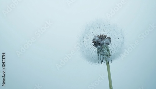 The seeds of a dandelion flower unfolding on a light blue background.

