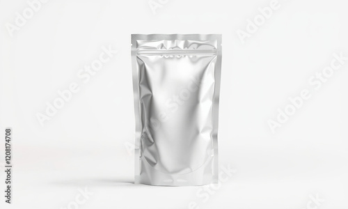 sleek, shiny foil pouch mockup on clean background, perfect for packaging design. This versatile packaging can be used for various products photo