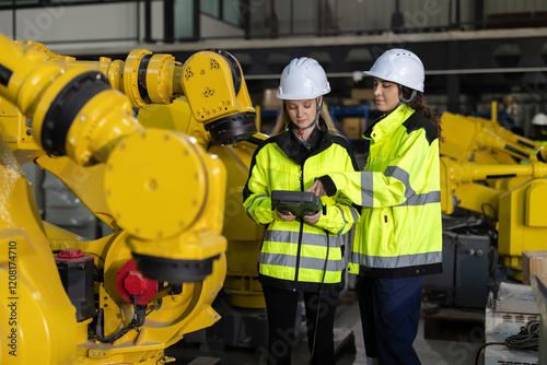 Caucasian workers in a bright yellow safety jacket and helmet controls an industrial robot arm in a factory