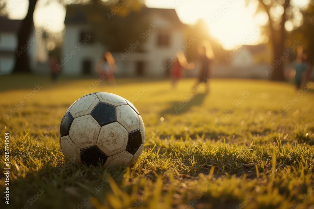 Obraz premium soccer ball on grass in front of house with people in background