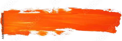 Vibrant orange paint brush stroke on a clean white background in abstract art style