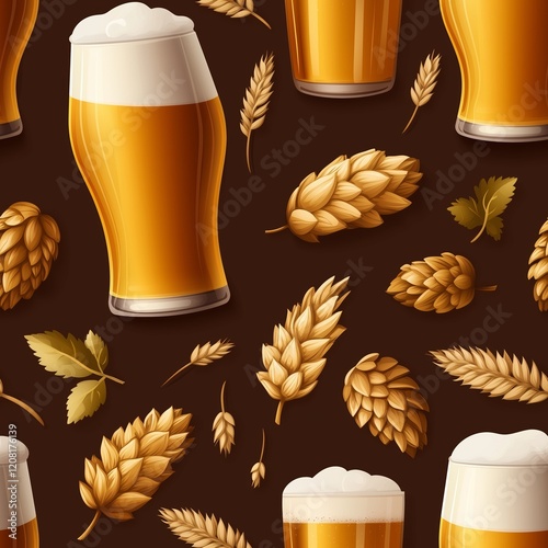 Glasses of frothy light beer surrounded by golden barley and hops on a dark patterned background
