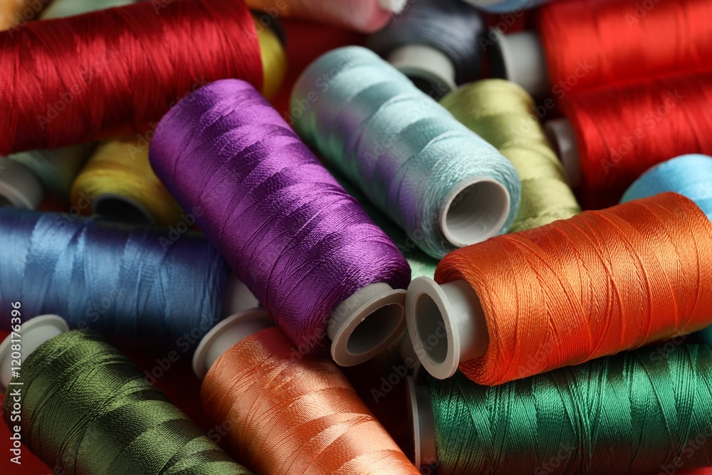 Different spools of sewing threads as background, closeup Different spools of sewing threads as background, closeup