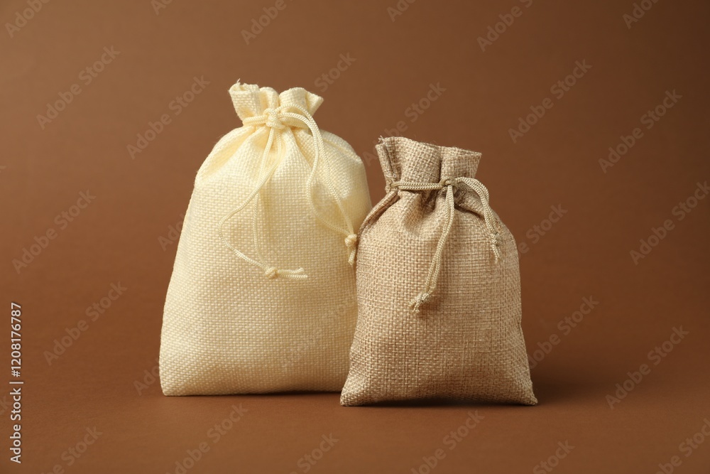 Two beige burlap sacks on brown background Two beige burlap sacks on brown background