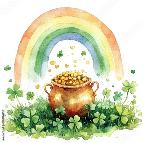 A gold pot with gold coins is sitting on a grassy field with a rainbow in the ba