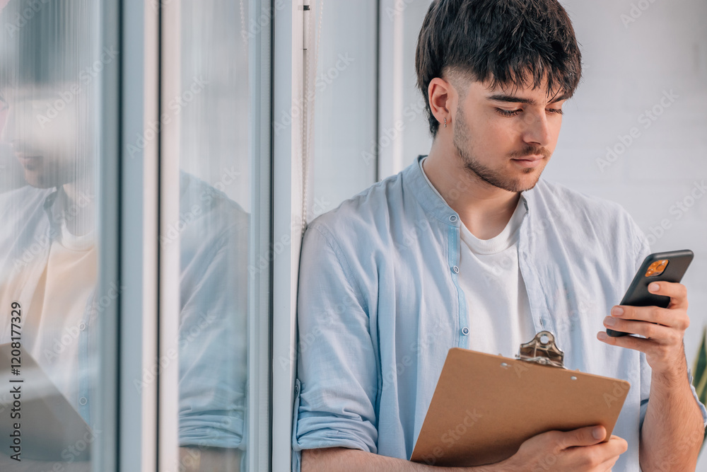 Fototapeta premium young man with mobile phone and documents next to the window
