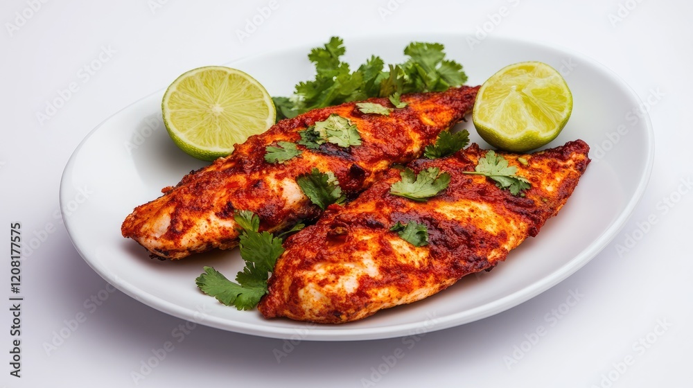 Tawa fish fry garnished with lime and fresh coriander served on a white background Tawa fish fry garnished with lime and fresh coriander served on a white background