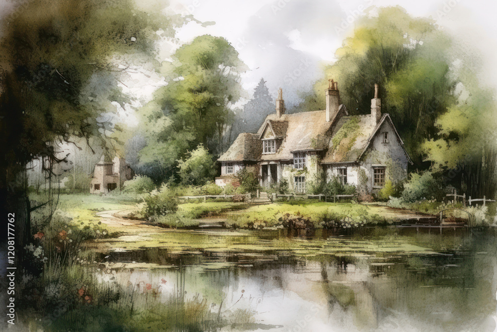 old medieval park in English style, watercolor,.Generative AI old medieval park in English style, watercolor,.Generative AI