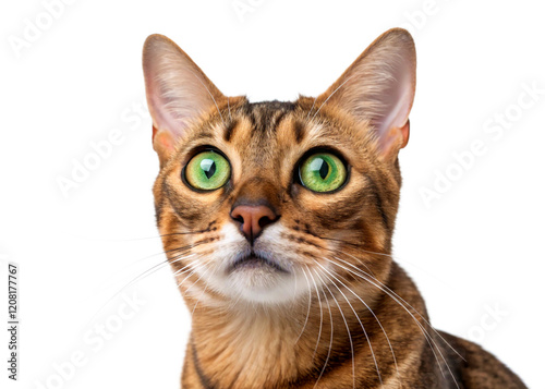Curious Tabby Cat Close-Up Portrait isolated on white background.