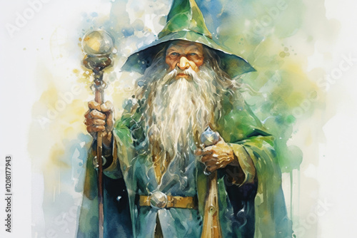 watercolor drawing of a sorcerer in a green hat and mantle., watercolor style, Generative AI