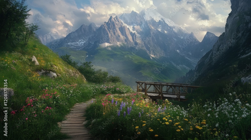 Mountain Vista Path Wildflowers Wooden Bridge Mountain Vista Path Wildflowers Wooden Bridge