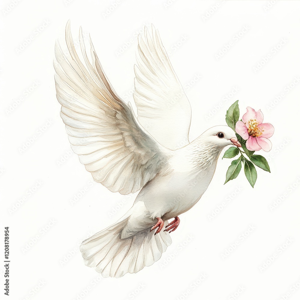 Fototapeta premium A white dove is eating a pink flower