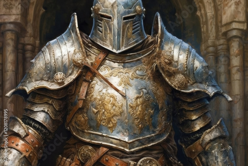 half-length portrait of a knight in armor with a closed visor., watercolor style, Generative AI