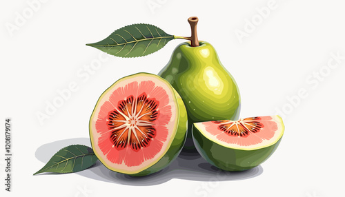 Colorful guava illustration with fresh slices and leaves, vibrant decor