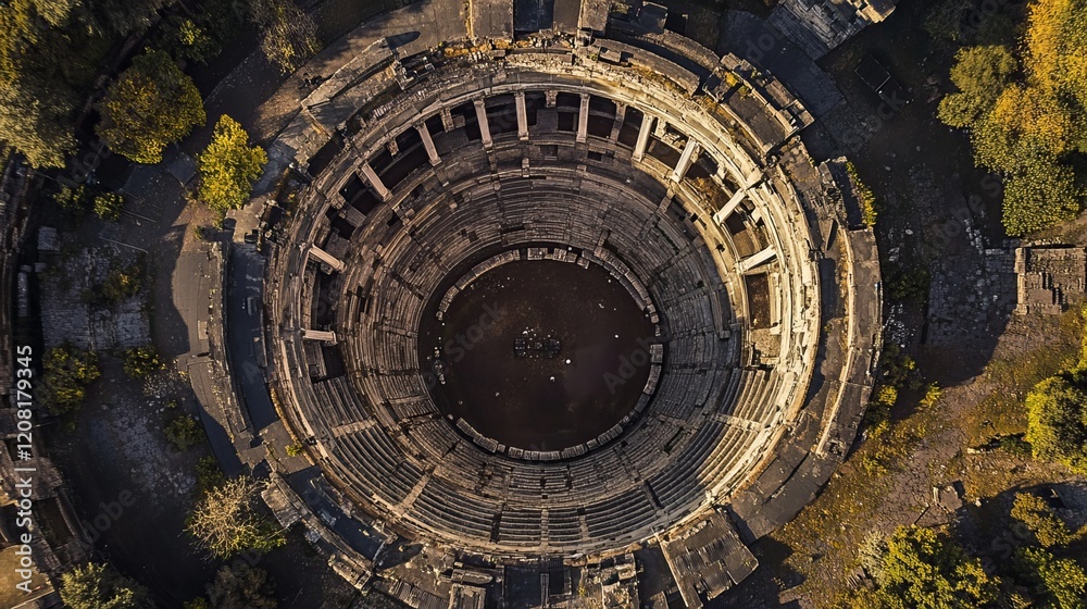 Fototapeta premium Witness the grandeur of the Virgiliano Amphitheater from above. This aerial perspective captures the sweeping expanse and intricate details of one of Rome's most iconic monuments. 