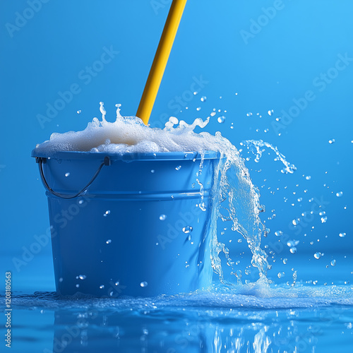 Blue bucket with soapy water splashing.