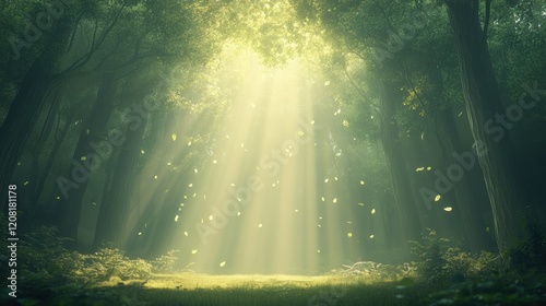 Sunlight streaming through lush forest canopy creating enchanting atmospheric scene photo