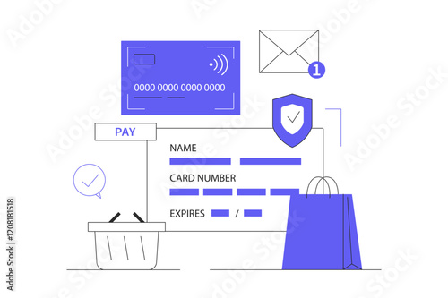 Mobile payments and digital wallet. Online shopping, e-commerce. Credit Сard details to make an online transaction. Flat Cartoon Vector Illustration, icon. Stylish abstract 