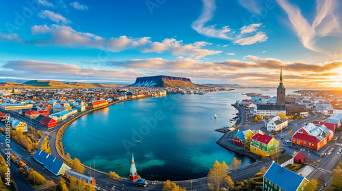 Stunning panorama of Reykjavik city capital of Iceland, beautiful architecture photo